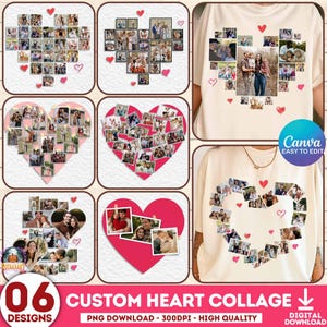 Puede incluir: Se muestran seis diseños de collage de corazón personalizados, cada uno con forma de corazón lleno de múltiples fotos. Los diseños incluyen una camiseta con un collage de corazón y pequeños corazones rojos. También está presente el texto "Canva Easy to Edit".