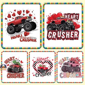 Könnte beinhalten: Eine Sammlung von Designs zum Valentinstag mit Monstertrucks. Jedes Design zeigt einen roten oder rosa Monstertruck mit dem Text "Heart Crusher" und Herzgrafiken. Die Trucks haben große Reifen und sind vor einem weißen Hintergrund platziert.