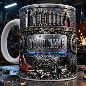 Personlig V8-motormugg, kaffemugg för bästa bilmekaniker, 3D-mugg för garage- och bilverktyg, mugg för Gearhead-entusiast, present till bilbyggare och pappa
