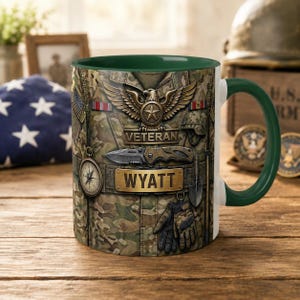 Mug personnalisé vétéran américain, tasse à café soldat militaire camouflage, cadeau tactique avec nom personnalisé, tasse patriotique pygargue à tête blanche, retraite de papa militaire