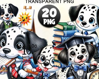 Bundle de cliparts étudiant dalmatien, 20 PNG première année, Happy 100 jours Clipart, aquarelle école dalmate Png, clipart étudiant, école Png