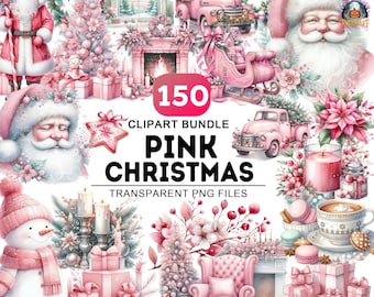 Watercolor Pink Christmas Clipart, 150 Png Christmas Pink Santa Bundle, Pink Holiday Png Bundle, Pink Mint Xmas Clipart, Commercial Use