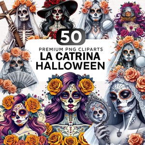 50+ La Catrina Day of the dead  Clipart Bundle, Día de Muertos Png, Mexican Clipart, Chicano Png, Floral Clipart, Sugar Skull Png