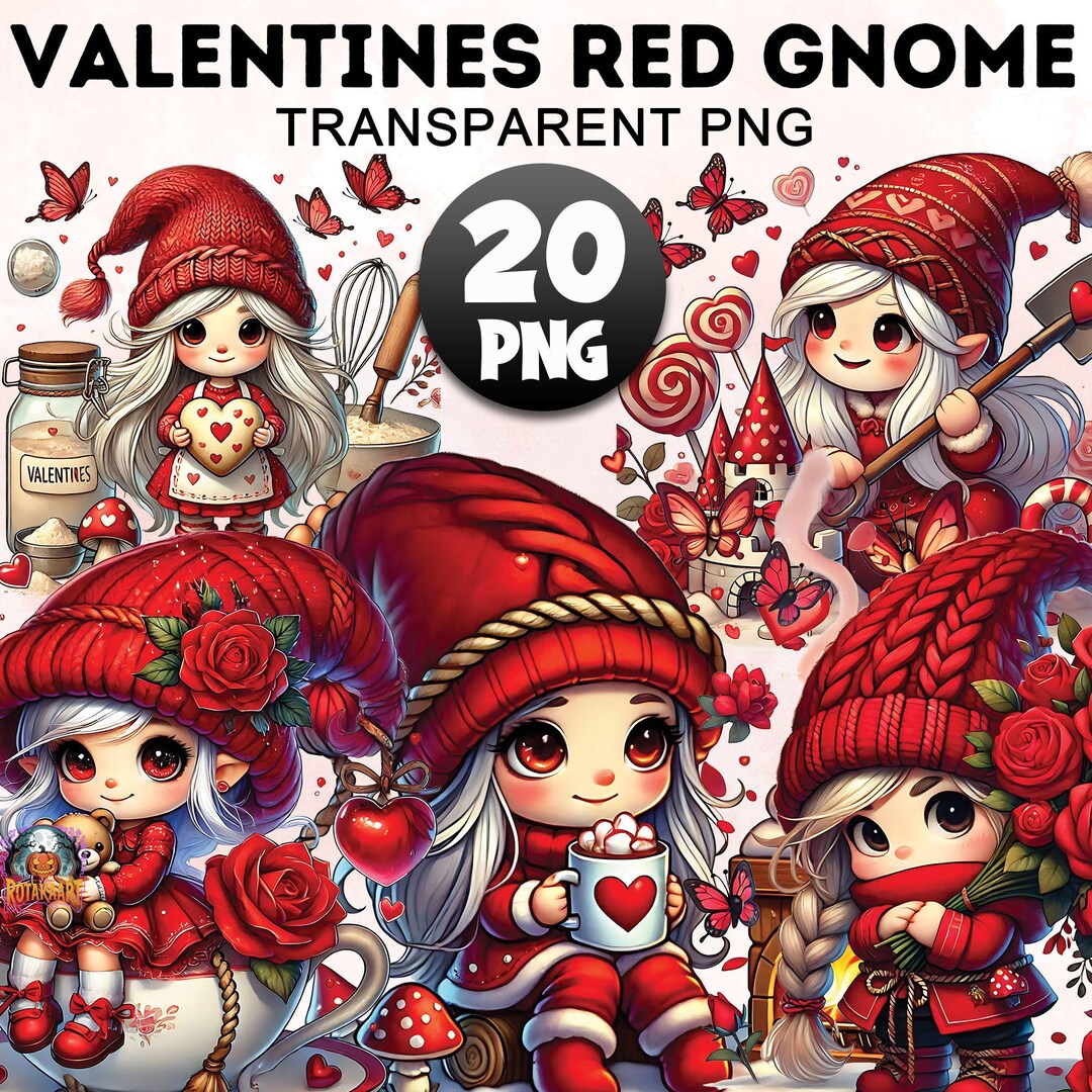 Valentine Red Gnome Clipart Bundle, 20 PNG Gnome Love, Valentine's Day ...