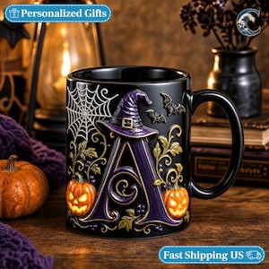 Halloween Monogram Letter Mug, Witch Hat Coffee Mug, Custom Initial Halloween Mug, Spooky Jack O Lantern Mug, Halloween Night Gift