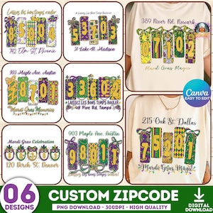 May include: A collection of six t-shirt designs featuring custom zip codes in Mardi Gras colors. Each design includes a zip code, street address, and phrases like "Mardi Gras Magic" and "Laissez les bons temps rouler."