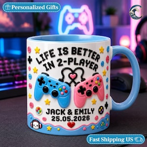 Custom Gamer Couple Name Mug, 2 Player Co Op Coffee Mug, Video Game Controllers Mug, Retro 8 Bit Pixel Art Mug, Geeky Anniversary Date Gift
