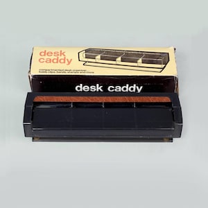 1980s Plastic Black with Faux Wood Desk Caddy Clear Smoke Organizer Made in Hong Kong NOS New in Box