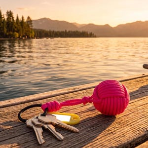 May include: A bright pink monkey fist knot keychain featuring a round woven rope ball attached to a black metal ring, which holds three silver-colored metal keys and a small, blank, yellow rectangular plastic tag for identification.
