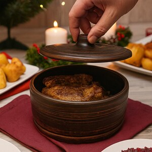 Pentola in terracotta fatta a mano con coperchio: forno olandese rustico in terracotta (0,45 l, diametro 13,5 cm)