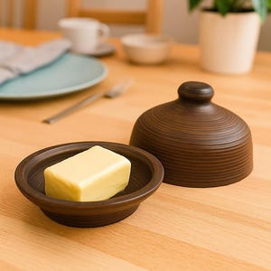Op de afbeelding: Een bruine keramische botervloot met een deksel, naast een klein schaaltje met een rechthoekig stuk boter. De schaal en het deksel hebben een geribbeld ontwerp. De boter is lichtgeel van kleur.