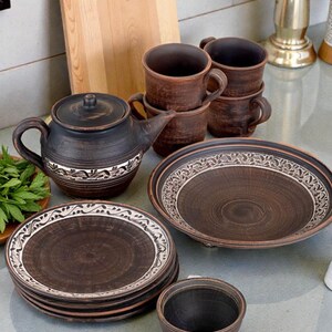 Dinner Set for Two, Handmade Clay Dinnerware Set, Rustic Pottery Plates and Glasses, Couple Gift