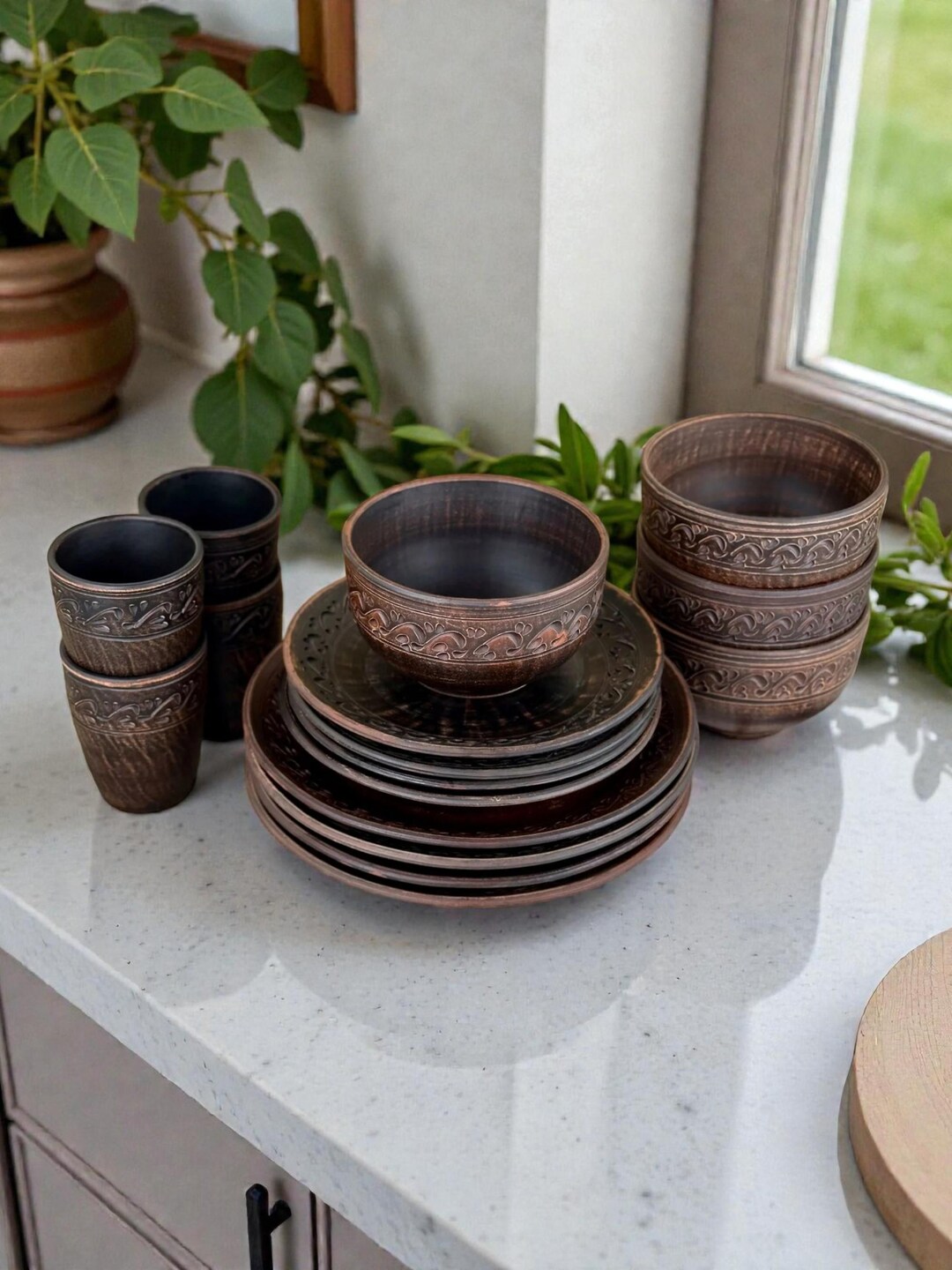 Clay Tableware Dinnerware Set for 4, Handmade Clay Dinner Set, Decorative Plates Bowls ...