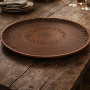 Bandeja grande de terracota hecha a mano de 41 cm / Plato plano de arcilla para buffet y banquetes / Cerámica rústica de arcilla roja