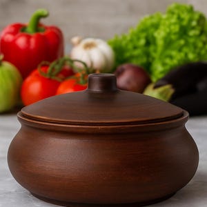Handmade Clay Baking Pot – 1L Rustic Ceramic Casserole – Traditional Ukrainian Cookware – Earthenware Stew Pot with Lid – Oven Safe Clay Pot