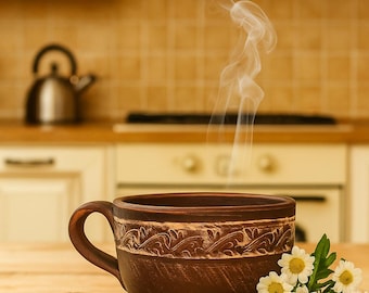 Handmade Rustic Clay Mug – Eco Pottery Cup 0.6L (20oz), Cozy Tea & Coffee Cup, Natural Terracotta Gift for Slow Living