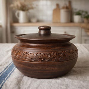 Handmade Clay Casserole Pot 2L – Rustic Terracotta Baking Dish with Lid, Ceramic Oven Cookware, Farmhouse Kitchen Baker