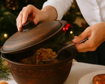 Cacerola de barro hecha a mano con tapa – Horno holandés de terracota de 2 litros, utensilios de cocina tradicionales ucranianos de barro, olla rústica ecológica para horno