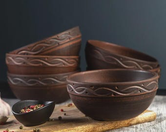 Clay Salad Bowls Set 400ml • Rustic Terracotta Bowls 14cm with Carved Ornament • Handmade Ukrainian Pottery • Ceramic Serving Bowl Set of 6