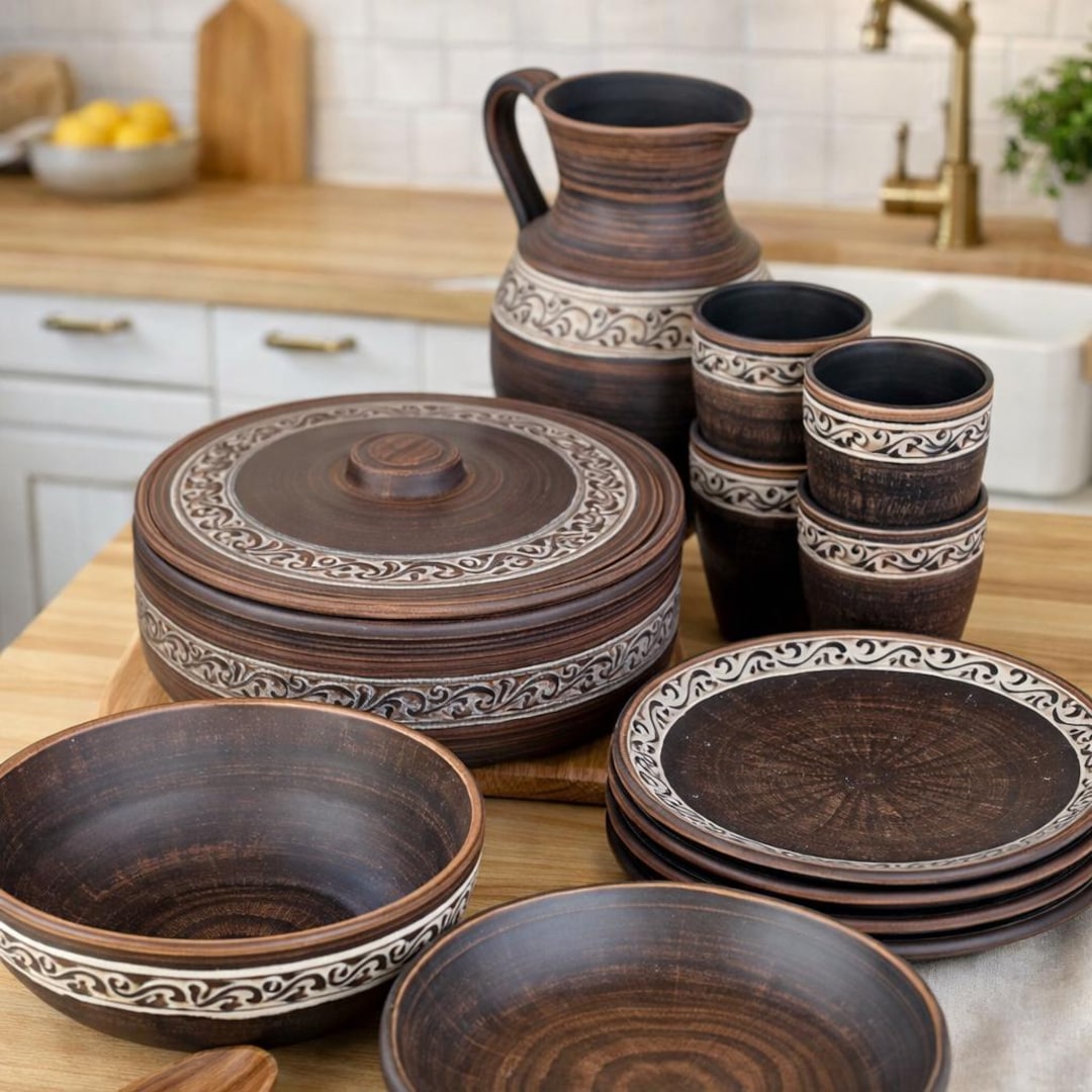 Rustic Dinnerware Set for 4 | Handmade Clay Tableware | Traditional ...
