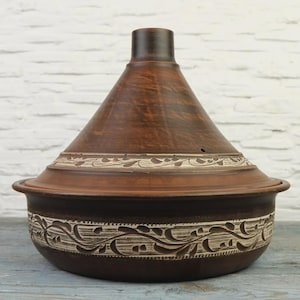 Unglazed terracotta Moroccan tagine with conical lid
