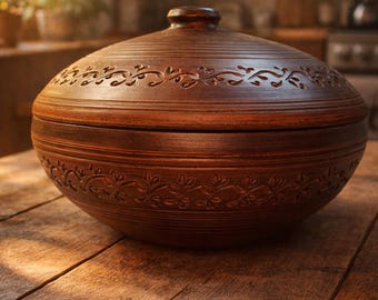 Handmade Clay Baking Pot with Lid 3L | Terracotta Oven Dish for Plov & Slow Cooking | Traditional Ukrainian Pottery