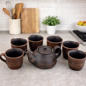 Minimalist Tea Set for 6 | Smooth Handmade Clay Teapot and Cups | Modern Ceramic Teaware