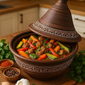 Puede incluir: Una olla de tagine de cerámica marrón con tapa cónica, parcialmente abierta para revelar un guiso con verduras y albóndigas. La olla está decorada con un patrón floral blanco. Especias, ajo y una cuchara de madera cerca.
