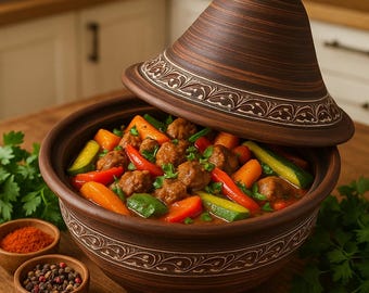 Tajine marroquí de arcilla hecho a mano de 1,3 L – Olla rústica de terracota con tapa – Tajine de cerámica tradicional para horno – Utensilios de cocina étnicos
