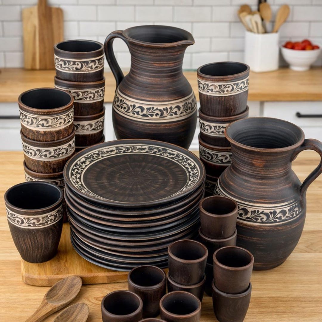Rustic Ceramic Dinnerware Set for 12 | Handmade Farmhouse Tableware ...