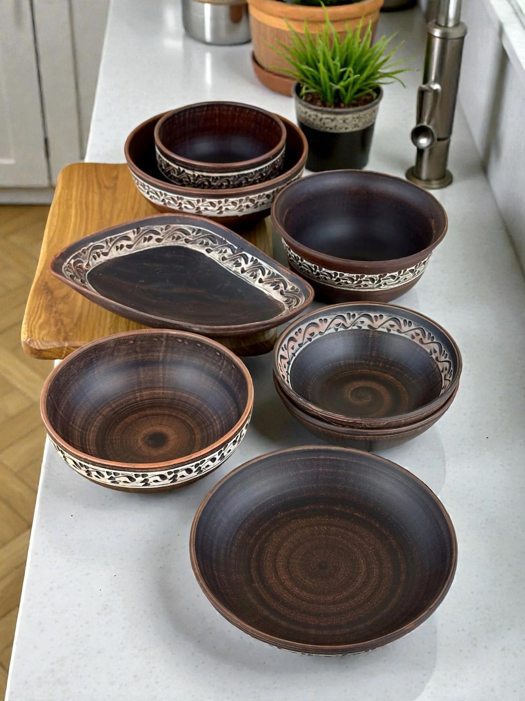 Handmade Clay Serving Bowl Set, Decorative Pottery Bowls and Platters ...