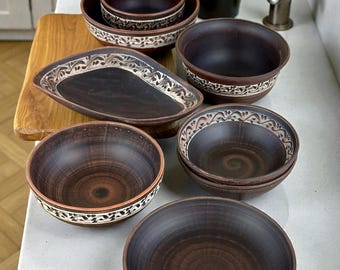 Handmade Clay Serving Bowl Set, Decorative Pottery Bowls and Platters, Rustic Tableware for Serving Dishes
