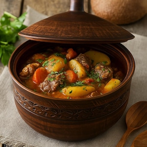 May include: A hearty stew in a brown ceramic pot with a lid, filled with potatoes, carrots, and meat, garnished with fresh parsley. A loaf of bread sits in the background. Two wooden spoons are placed on the side.