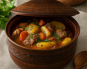 Handmade Clay Soup Pot with Carved Design 4L – Rustic Terracotta Cookware, Large Ceramic Stew Pot for Broths & Family Meals, Eco Kitchenware