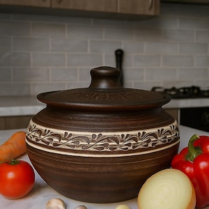 Natürlicher Keramik-Backtopf mit Deckel - 2 l handgefertigtes rustikales Kochgeschirr für Ofen- und Küchendekoration