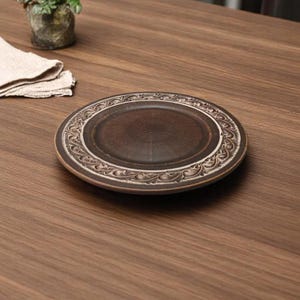 Handcrafted Ceramic Appetizer Terracotta plates – 19cm Rustic Brown Plate with Carved Floral Design – Ukrainian Pottery Dish