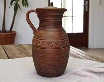 Handmade Ukrainian Clay Pitcher with Lid and Spout, Rustic Ceramic Jug for Water, Wine, or Decor