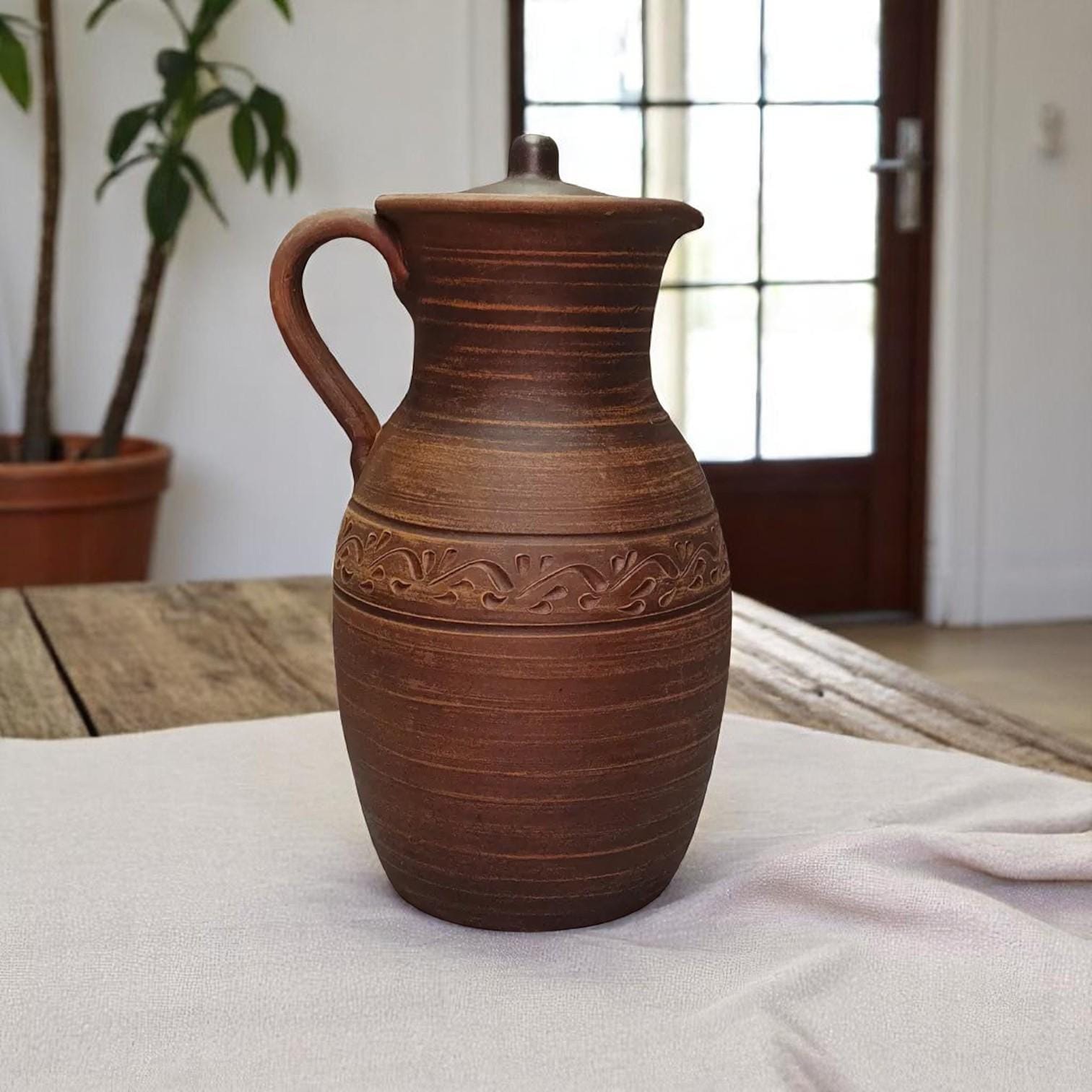 Handmade Ukrainian Clay Pitcher With Lid and Spout, Rustic Ceramic
