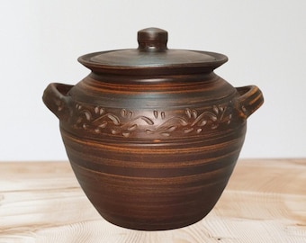 Handmade Clay Soup Pot 3.5L – Rustic Terracotta Oven Cookware with Lid & Handles, Ceramic Slow Cooking Dish