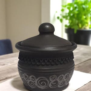 Handmade Clay Sugar Bowl with Lid – Rustic Salt Cellar 0.25L – Small Ceramic Spice Jar – Ukrainian Pottery Kitchen Storage