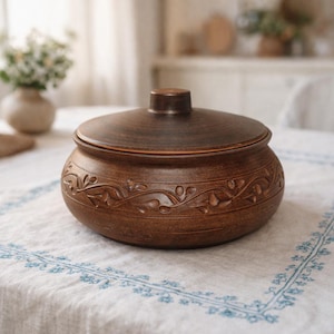 Handmade Clay Baking Pot 1L – Rustic Terracotta Oven Dish with Lid, Ceramic Casserole Pot, Farmhouse Kitchen Cookware