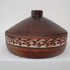 Handmade Clay Tagine Pot with Lid Rustic Terracotta Cookware Decorative Carved Clay Pot for Slow Cooking Serving Ukrainian Pottery