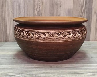 Cuenco de terracota ucraniana de 3,5 l – Utensilios de cocina rústicos de barro rojo
