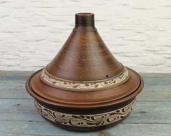 Keramik Tajine Topf 2,5L - Handgemachter marokkanischer Topf aus Ton, geschnitztes Design