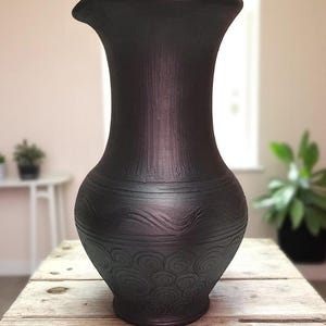 Handmade Clay Vase | Black Ceramic Pitcher Style | 0.9L Rustic Ukrainian Pottery | Decorative Folk Art Jug | 23 cm