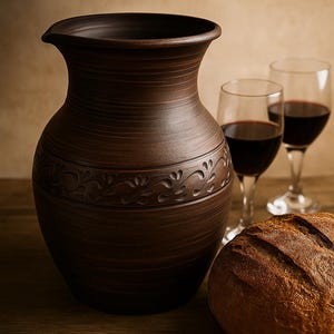 Rustic Red Clay Jug: Handmade Slavic Farmhouse Pitcher