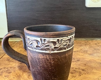 Floral Carved Terracotta Coffee Mug | Rustic Handmade Clay Tea Cup | Ukrainian Pottery Gift