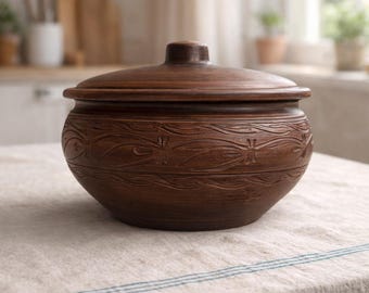 Ręcznie robiona gliniana forma do pieczenia 3 l – rustykalny terakotowy piekarnik z pokrywką, ceramiczna forma do zapiekania, naczynia kuchenne w stylu wiejskim