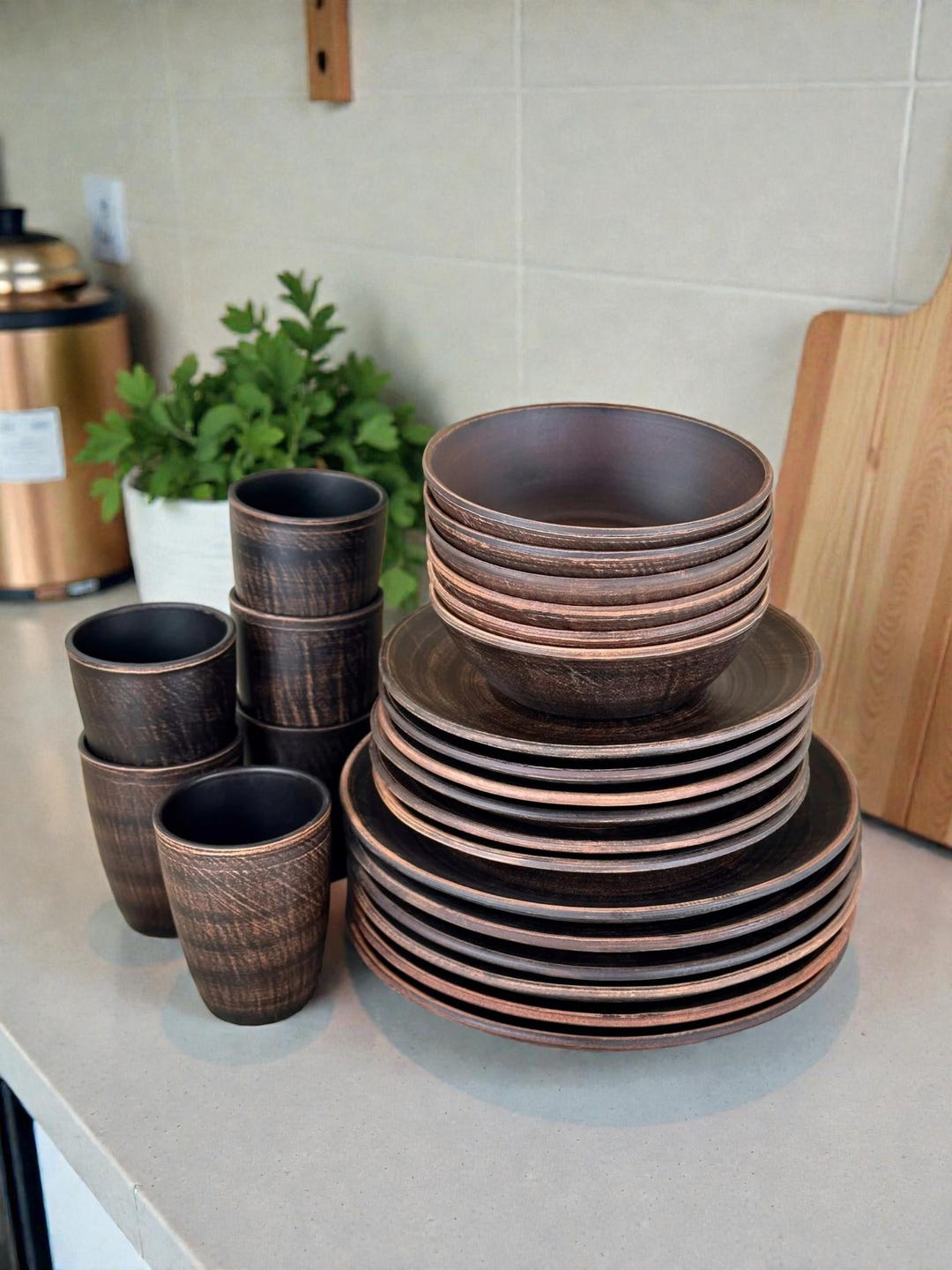 Rustic Clay Serving Set for Family • Decorated Tableware for 6 ...
