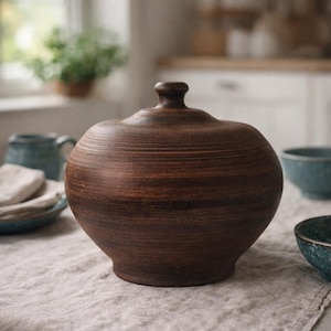 大型ハンドメイド粘土調理鍋 3.5L - 蓋付き素朴なテラコッタオーブン皿、セラミックシチュー/スープ鍋、農家のキッチン調理器具